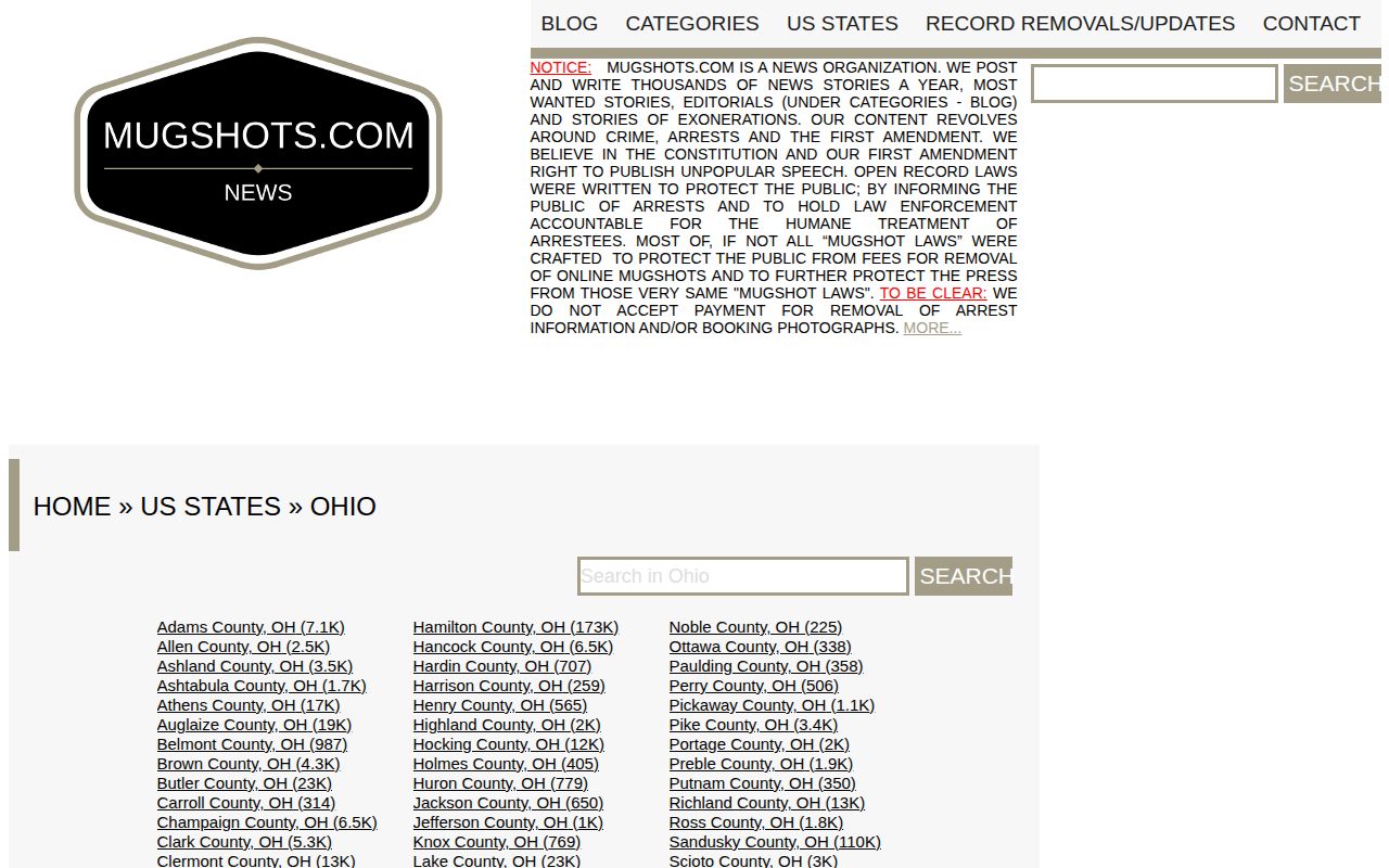 Unofficial Ohio mugshot publisher state index with county links and a records notice