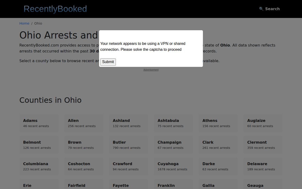 Unofficial Ohio recent-arrest publisher landing page with county coverage information