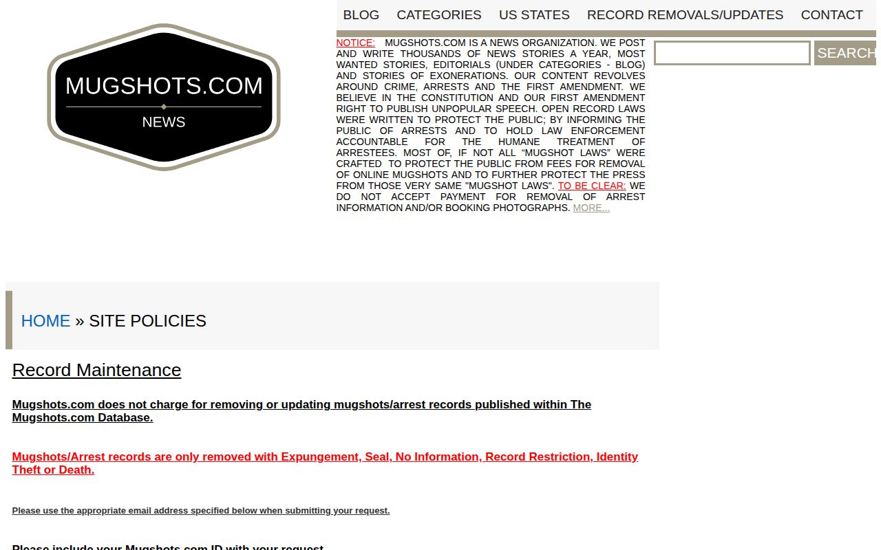 Unofficial mugshot publisher record-maintenance policy describing free update and removal requests