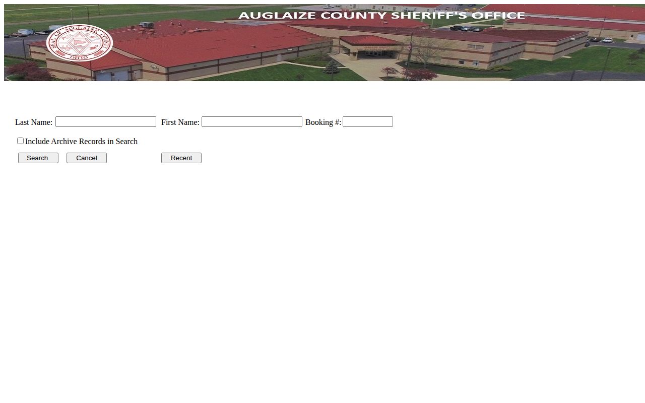 Ohio county jail booking search form with name, booking number, and archive search fields