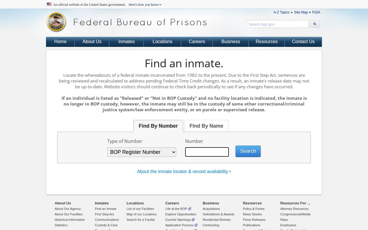Federal Bureau of Prisons inmate locator search form for federal custody records