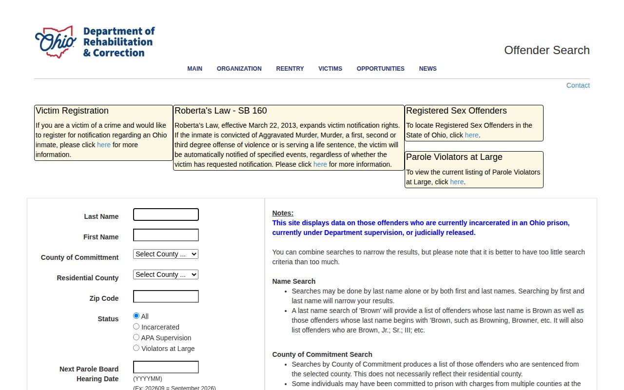 Ohio ODRC offender search form with county, ZIP, status, and offender-number fields
