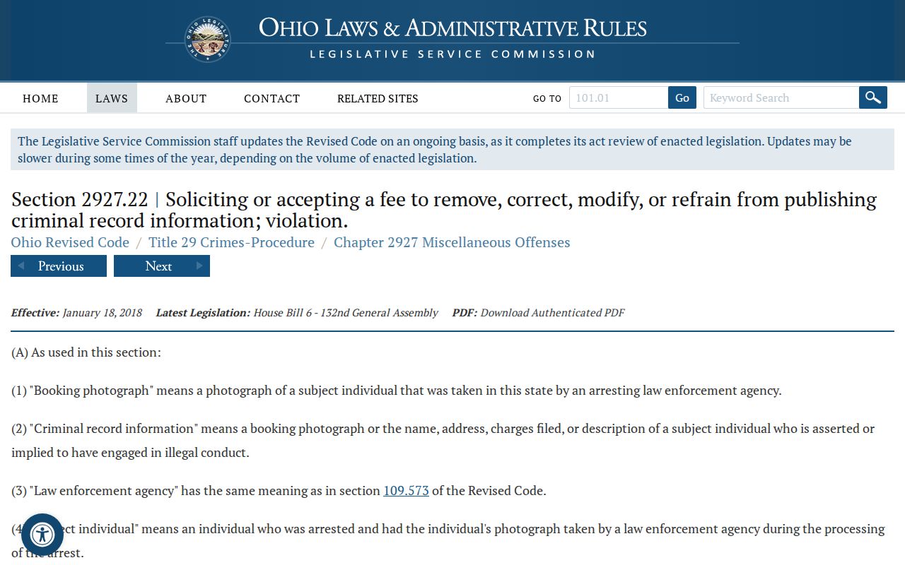 Ohio booking-photo law page about criminal-record information