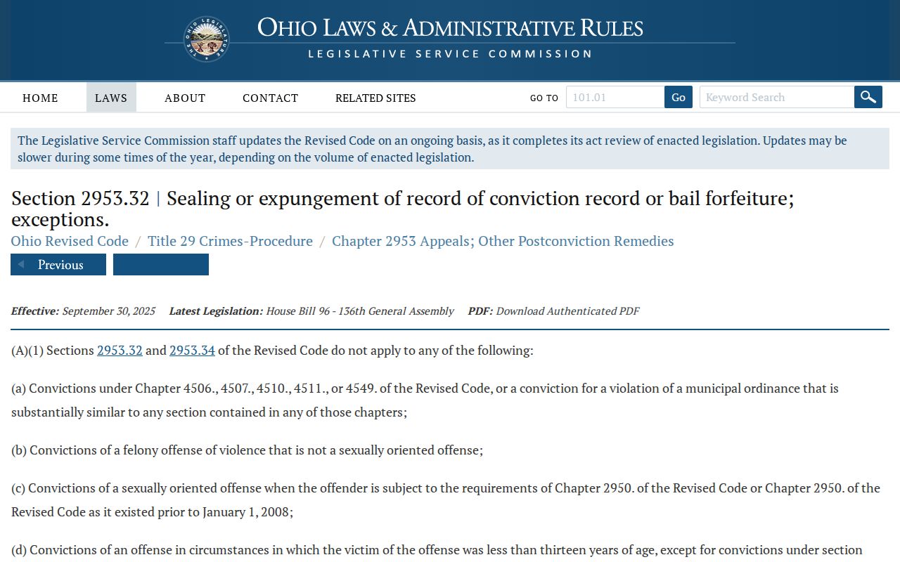 Ohio Revised Code page for adult sealing and expungement of records