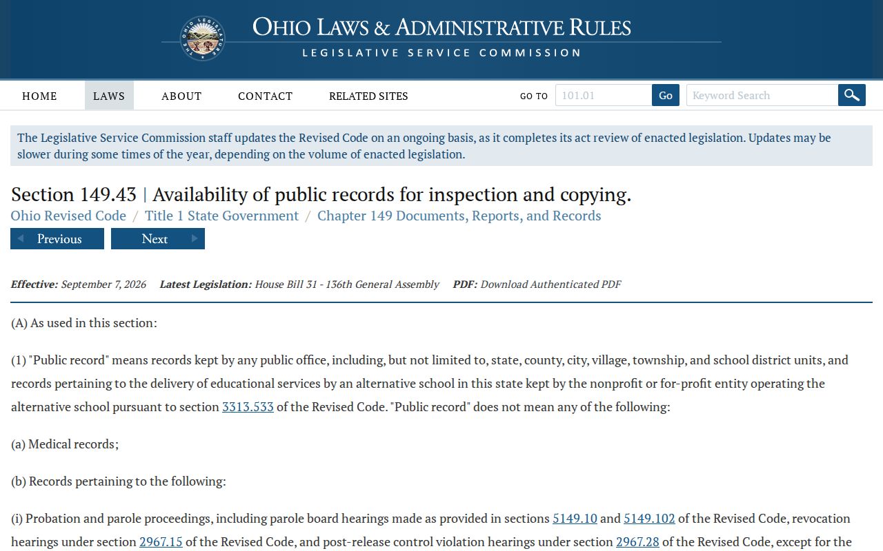 Ohio public-records law page for arrest-record requests